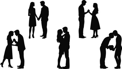 Silhouette of romantic couples holding hands, kissing, proposing, hugging, expressing love, emotional connection, dating moments, relationship bonding, affection scene.

 flat vector illustration