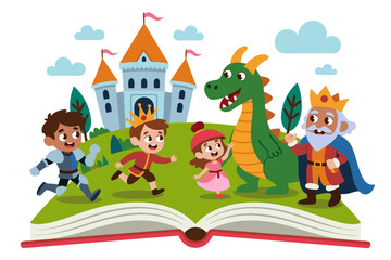 Naklejka premium Jealous vector art of a storybook scene with king, knight, dragon, children, and castle. Suitable for childrens book illustrations.