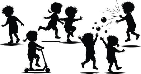 Silhouette of toddlers playing, running, scootering, blowing bubbles, jumping, exploring, joyful motion, childhood activity, fun moments, carefree happy children outdoors.

 flat vector illustration