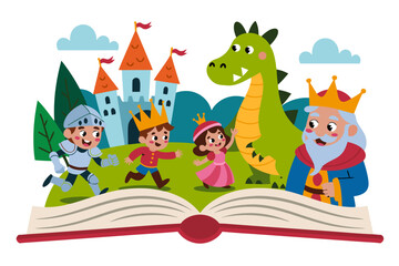 Obraz premium Jealous vector art of a storybook scene with king, knight, dragon, children, and castle. Suitable for childrens book illustrations.