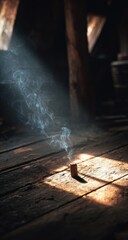 Sunlight streams onto rustic wooden floor, illuminating incense smoke