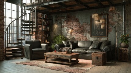 Luxurious loft-style living area featuring leather furniture, brick walls, and spiral staircase