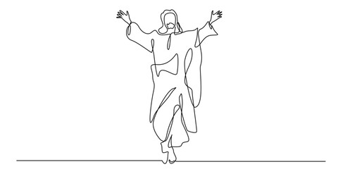 Continuous one-line drawing of Jesus with open arms, symbolizing love, peace, and divine welcome. This minimalist religious illustration conveys spiritual warmth and grace in a simple yet powerful for