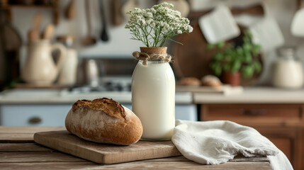 Obraz premium Rustic kitchen scene with fresh bread milk and flowers on a wooden table