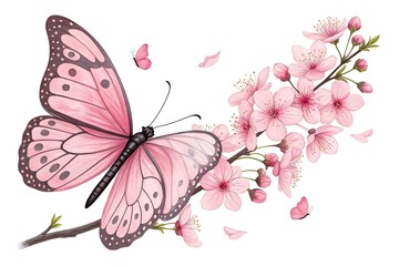 A pink butterfly gracefully flutters near a blooming cherry blossom branch