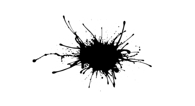Black ink splatter splash abstract artistic design isolated on transparent background