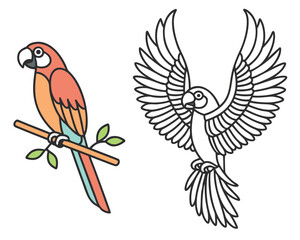 Obraz premium Vector illustration of a colorful parrot perched on a branch and flying outline design.