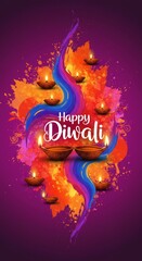 Vibrant diwali celebration with lit diyas and colorful abstract art