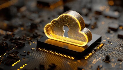 Glowing cloud icon, security keyhole, circuit board