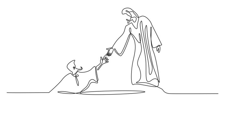 A continuous one line drawing of Jesus Christ reaching out to help a fallen person. A minimalist Christian artwork symbolizing grace, salvation, compassion, and divine support.
