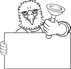 An eagle plumber handyman plumbing construction cartoon mascot man holding a drain plunger tool.