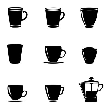 A minimalist black silhouette collection of different coffee mugs, cups, and a stovetop espresso maker, perfect for representing beverages, caf&eacute;s, or morning rituals.
