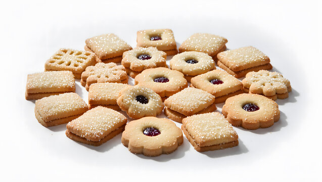 Assortment of sugar coated biscuits arranged in a circle, white background