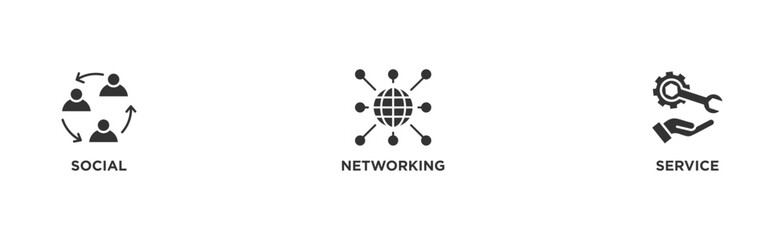 SNS banner web icon illustration concept of social networking service with icon of communication, chat, community, internet, and user