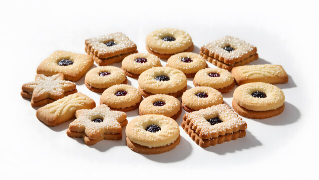 Assortment of sugar coated biscuits arranged in a circle, white background