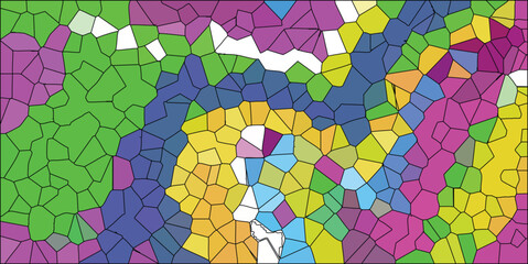 Abstract geometric pattern featuring colorful cell-like forms with black outlines and vibrant color palette for digital backgrounds