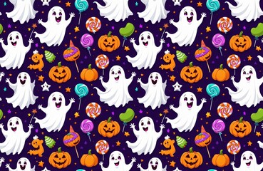 Fototapeta premium Halloween Seamless Pattern with Friendly Ghosts and Jack-O-Lanterns for Playful Festive Decor