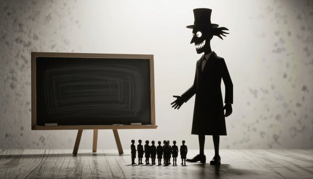 Sinister Authority Figure Influencing Tiny Silhouettes in Classroom Setting for Manipulation Concept