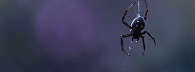 Fototapeta premium A dark spider with white markings and water droplets hanging on a delicate dew-covered web, Halloween concept.