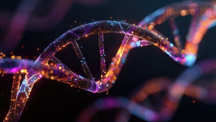 DNA double helix, glowing with vibrant particles