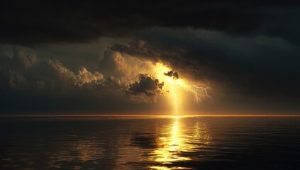 Golden lightning strikes through ominous clouds over still water
