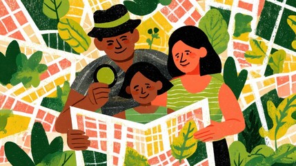 Family exploring a collection of maps.
