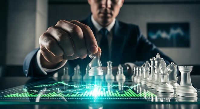 A businessman makes a strategic move with a glass knight on a futuristic chessboard displaying a glowing financial graph.