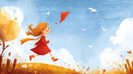 Girl with a kite in autumnal landscape.