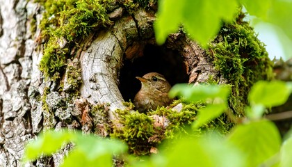 Tiny Wren Bird in Natural Nest with Hollowed Tree, Moss, Wildlife, Forest, and Habitat.
