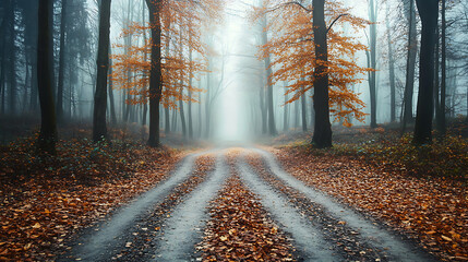Mysterious autumn forest road disappearing into the fog