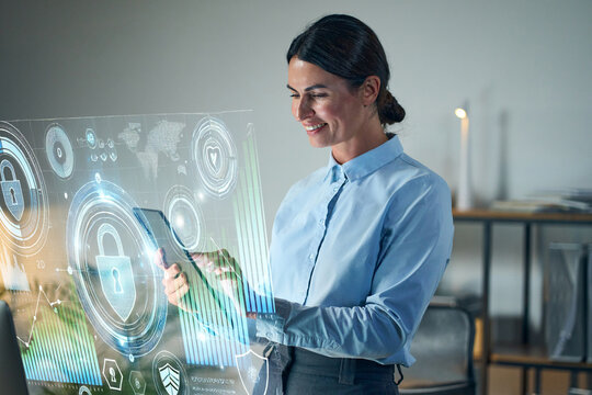 Confident Businesswoman Using Futuristic Digital Interface With Data And Security Displayed, Symbolizing Innovation, Technology, Cybersecurity, And Professional Success.