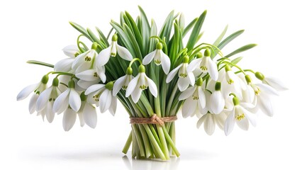 Fototapeta premium Delicate bouquet of white snowdrop flowers tied with twine on white background