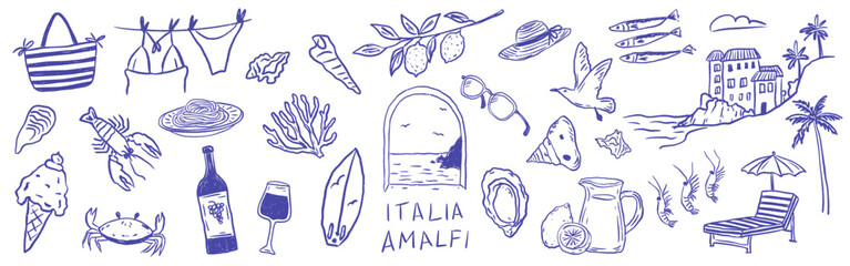Playful Italian seaside collection coast, featuring beach life, seafood, citrus, and handwritten accents with summer vacation mood. Relaxed crayon sketch vector illustration for travel prints.