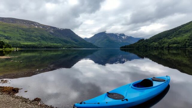 Serene Lake Scene: Blue Kayak on Still Water Reflecting Mountains and Cloudy Sky