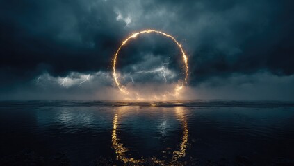 Golden ring portal over stormy ocean