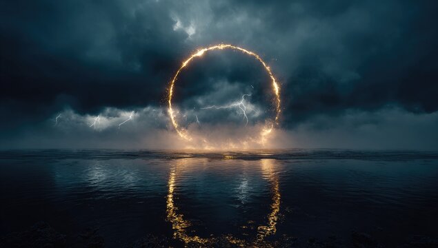Golden ring portal over stormy ocean