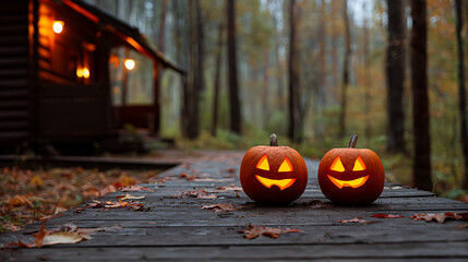 Two glowing jack-o'-lanterns welcoming visitors to cozy cabin in autumn forest