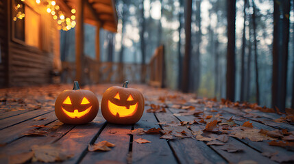 Halloween pumpkins illuminating wooden porch of a cabin in the woods