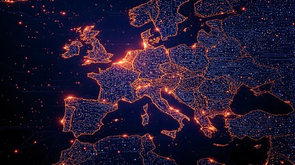 Dynamic digital map of Europe glowing with data connections and vibrant energy, representing global networks