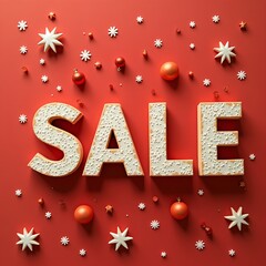 Holiday Sale Banner with 3D Letters and Christmas Decorations on Red Background