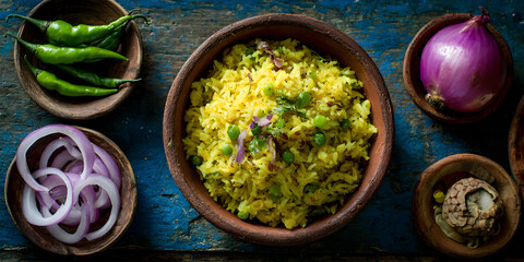 Yellow rice with peas and onion served with green chilies