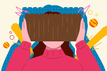 Stylized depiction of a woman with her face hidden behind a wooden fence, evoking privacy and mystery.