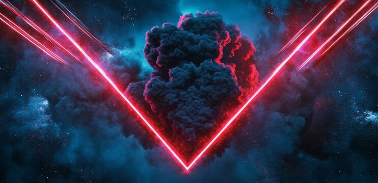 A dark blue background with red and pink neon laser beams shooting from the top right corner. In front of it is an explosion of black smoke that forms the shape of a triangle