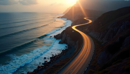 Dramatic coastal road curves along the ocean shore under radiant golden sunset light