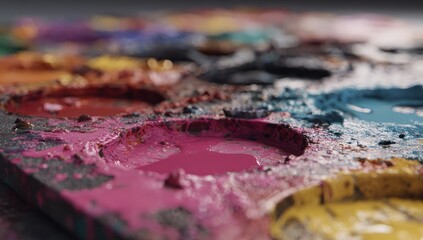Close-up of a used artist's palette, vibrant colors