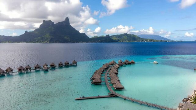 Bora Bora's Azure Waters: Aerial View of Overwater Bungalows & Tropical Paradise