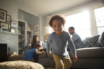 A young mixed-race family playing together in a cozy living room. Natural sunlight, joyful expressions, candid moment, warm tones, DSLR clarity.