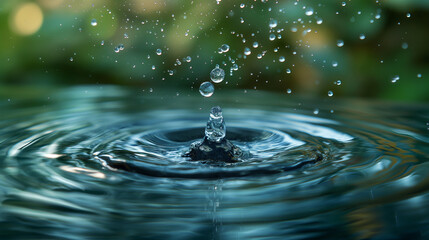 Close up of a single water drop falling into rippling water creating concentric circles