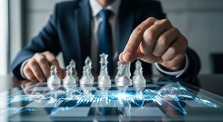 Businessman makes a strategic move on a futuristic digital chessboard with glowing data.