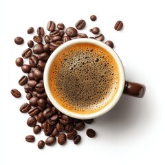 Overhead view of a coffee cup with foam surrounded by roasted coffee beans isolated on white background